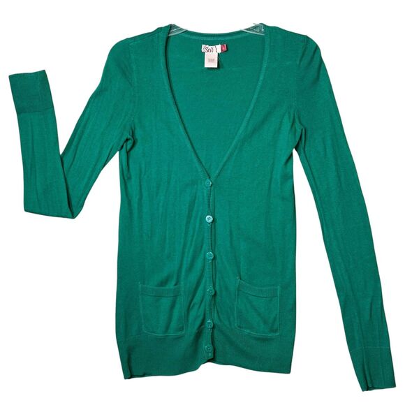 SO Cardigan Sweater Womens Large Green V Neck Button Front Pockets Lightweight - Picture 2 of 12